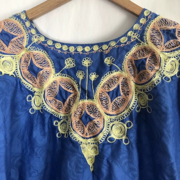 Mumu Oversized House Dress Kimono Tunic Embroidered Blue Yellow Peach - Picture 2 of 7